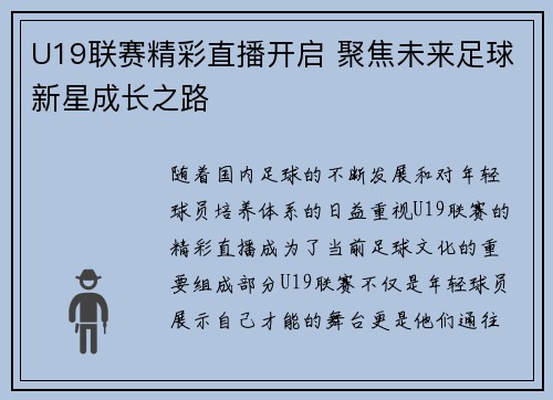 U19联赛精彩直播开启 聚焦未来足球新星成长之路
