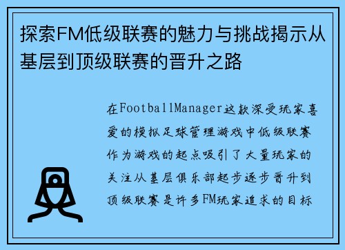 探索FM低级联赛的魅力与挑战揭示从基层到顶级联赛的晋升之路