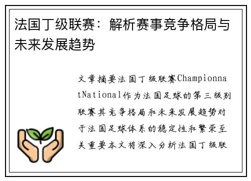 法国丁级联赛：解析赛事竞争格局与未来发展趋势